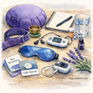 Alternative treatment for migraines including meditation cushion, box breathing cards, neuromodulation device, cool eye mask and hydration tools