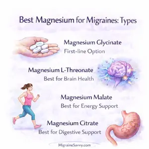 Infographic comparing the best magnesium types for migraines including magnesium glycinate, L-threonate, malate, and citrate