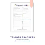 Printable migraine trigger trackers – track food, environment, physical, emotional, meds + triggers.