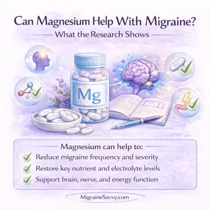 Illustration explaining how magnesium may help migraine by supporting brain function, nerve signaling, and reducing migraine frequency