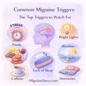 Common migraine triggers including stress, bright lights, foods, weather changes, lack of sleep, caffeine, and hormones.