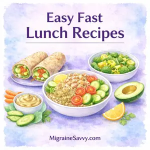 Easy fast lunch recipes including wraps, quinoa bowl, vegetables, and avocado for migraine-friendly meals.
