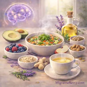 Foods to prevent migraine headaches including vegetable soup, avocado, berries, nuts, seeds and coffee in a realistic illustration