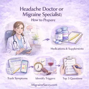 Headache doctor appointment preparation checklist showing symptom tracking, medications, migraine triggers and top questions to ask