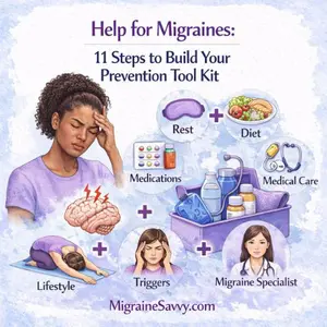 Woman experiencing migraine pain with prevention toolkit including rest, diet, medications, lifestyle, triggers, and migraine specialist care