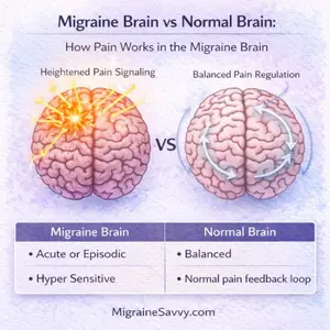 Medical infographic comparing a migraine brain with a normal brain, showing hypersensitivity and episodic pain signals versus a balanced normal pain feedback loop.