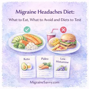 Migraine diet guide showing foods to eat, foods to avoid, and a few diets often tested for migraine prevention.