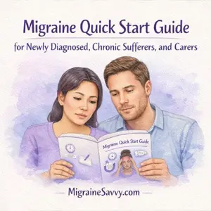 Watercolor illustration of a woman and man reading a migraine quick start guide together, representing support for newly diagnosed migraine sufferers, chronic patients, and carers.
