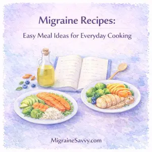 Simple migraine recipes and meal ideas using whole foods like salmon, greens, avocado, and healthy oils.