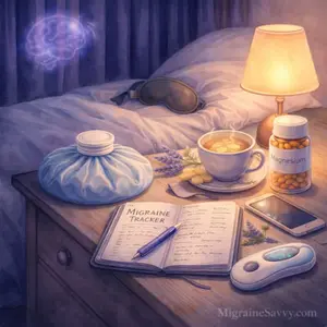 Migraine relief strategies in a calm bedroom setting with ice pack, ginger tea, sleep mask, magnesium and migraine tracker