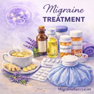Migraine treatment options including triptan medication, magnesium, feverfew, ginger tea and cold therapy in a watercolor illustration