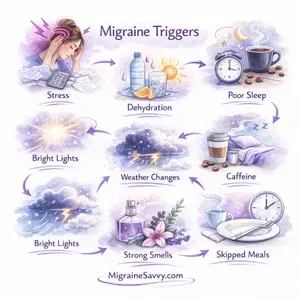 Migraine triggers illustration showing stress, dehydration, poor sleep, weather changes, caffeine, bright light, strong smells, and skipped meals