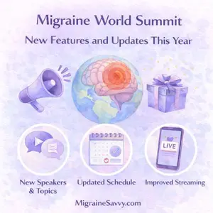 Watercolor illustration highlighting new features of the Migraine World Summit including new speakers, updated schedule, and improved online streaming.