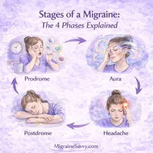 Diagram showing the four stages of a migraine attack including prodrome, aura, headache, and postdrome in a circular migraine cycle