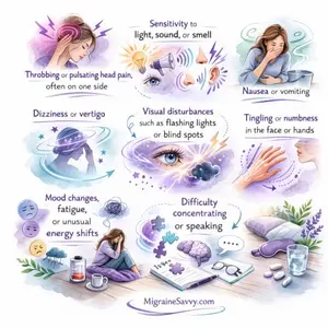 Typical migraine symptoms illustrated in a soft watercolor style including head pain, nausea, dizziness, visual disturbances and light sensitivity