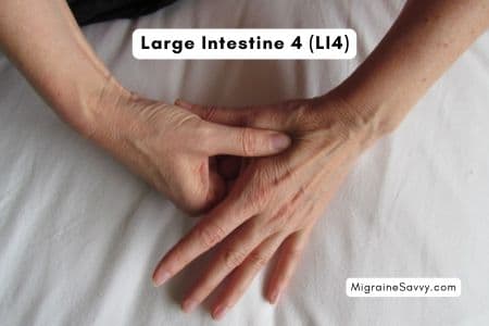 Hand position for Large Intestine 4 pressure point to help relieve migraines.