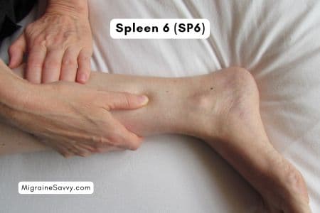 Hand position for Spleen 6 pressure point to help relieve migraine attacks.