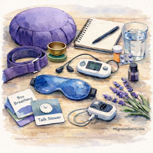 Alternative treatment for migraines including meditation cushion, box breathing cards, neuromodulation device, cool eye mask and hydration tools
