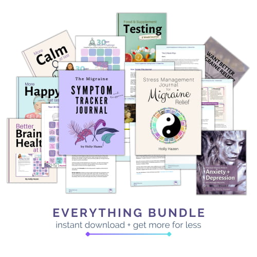 Get the Everything Bundle – 9 instant downloads. 8 digital workbook journals, and a super fun Trigger Tracker for migraine relief.