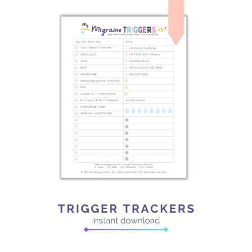 3 Printable migraine trigger trackers – track food, environment, physical, emotional, meds + triggers.