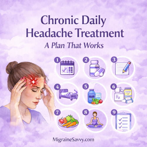Chronic daily headache treatment plan illustrated with management steps including medication review, sleep stabilization, tracking, and stress regulation