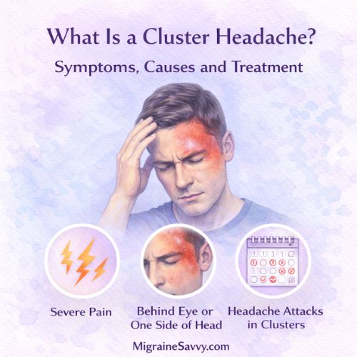 Illustration showing cluster headache symptoms with severe pain on one side of the head and behind the eye, often occurring in repeated clusters.