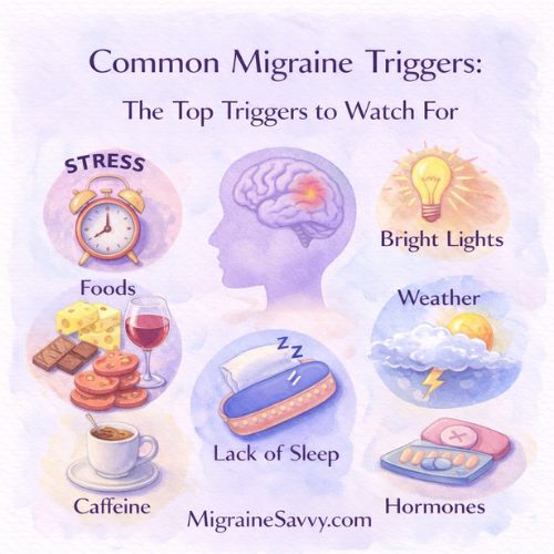 Common migraine triggers including stress, bright lights, foods, weather changes, lack of sleep, caffeine, and hormones.