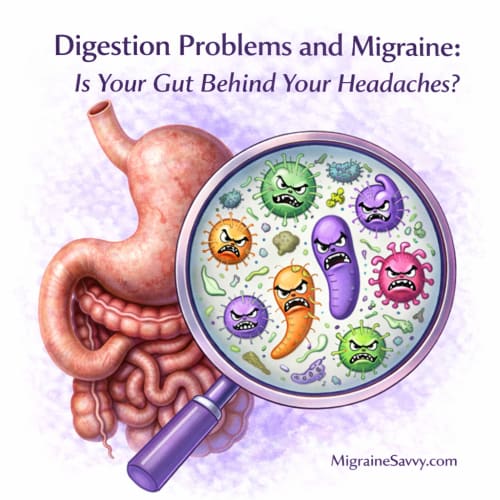 Illustration showing digestion problems linked to migraine with stomach and gut bacteria viewed through a magnifying glass