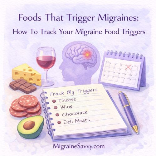 Common migraine trigger foods including cheese, wine, chocolate, deli meats, and avocado with a notebook for tracking food triggers.
