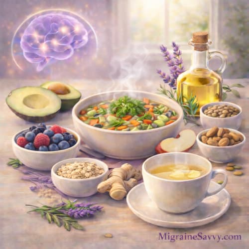 Foods to prevent migraine headaches including vegetable soup, avocado, berries, nuts, seeds and coffee in a realistic illustration