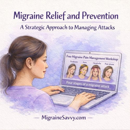 A woman watching the free migraine pain management workshop on a laptop, showing the four stages of a migraine attack: prodrome, aura, headache, and post-drome.