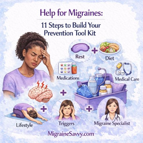 Woman experiencing migraine pain with prevention toolkit including rest, diet, medications, lifestyle, triggers, and migraine specialist care