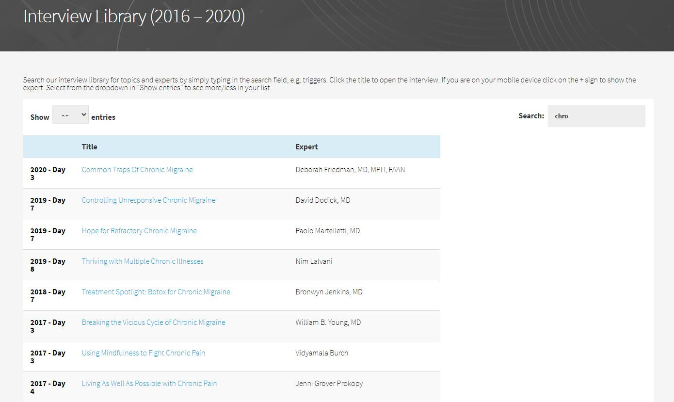 The Migraine World Summit past Interview Library search for chronic @migrainesavvy