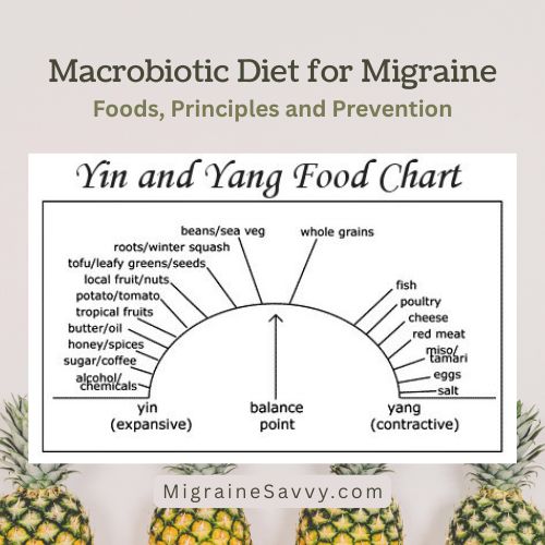 Yin and Yang food Chart of Macrobiotic diet foods for migraine relief including whole grains, local fruits and nuts, beans and seaweed.