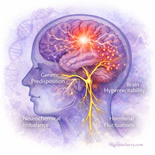 Migraine causes illustrated as biological mechanisms including genetic predisposition, brain hyperexcitability, neurochemical imbalance and hormonal fluctuations