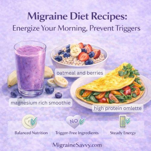 Migraine diet recipes for breakfast including eggs, smoothie, quinoa and avocado toast