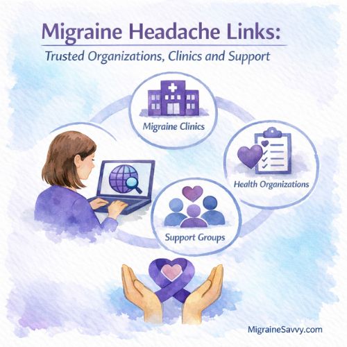 Illustration showing trusted migraine resources including health organizations, migraine clinics, and support groups.