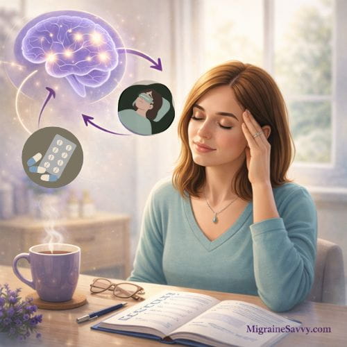 Migraine help support plan showing a woman at a desk with a journal and migraine management tools around her