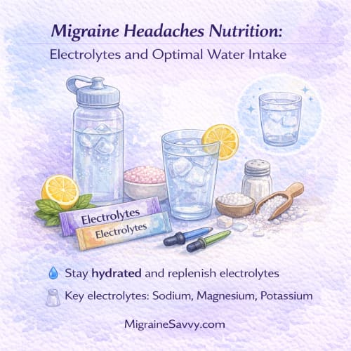 Hydration and electrolytes for migraine prevention including water bottle, electrolyte powder, and minerals like sodium, magnesium, and potassium.