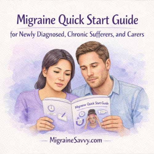 Watercolor illustration of a woman and man reading a migraine quick start guide together, representing support for newly diagnosed migraine sufferers, chronic patients, and carers.