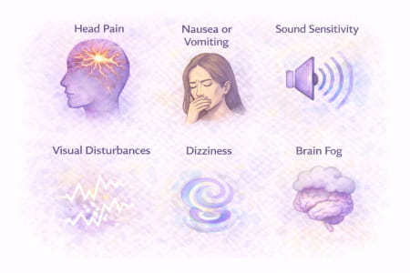 Common migraine symptoms including head pain, light and weather sensitivity, sound sensitivity, visual disturbances, dizziness and brain fog