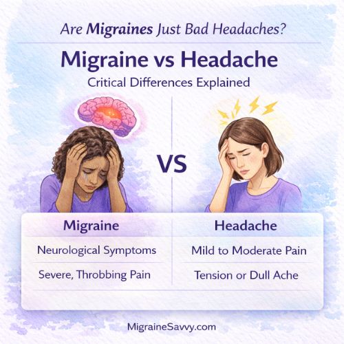 Illustration comparing migraine and headache symptoms, showing neurological migraine pain versus mild tension headache.