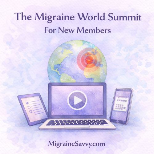 Watercolor illustration showing a laptop streaming the Migraine World Summit with a globe above it and mobile devices representing global online migraine education.