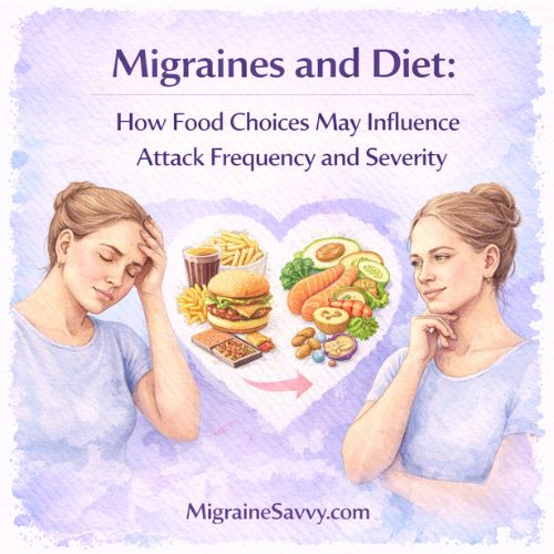 The relationship between diet and migraines with unhealthy foods linked to pain and healthy foods supporting better migraine outcomes.