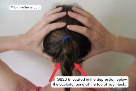 You can use GB20 pressure point location at base of skull for migraine headache relief.