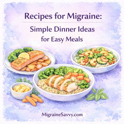 Simple dinner ideas including salmon, chicken, vegetables, and whole grains for easy migraine-friendly meals.