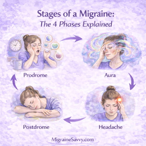 Diagram showing the four stages of a migraine attack including prodrome, aura, headache, and postdrome in a circular migraine cycle