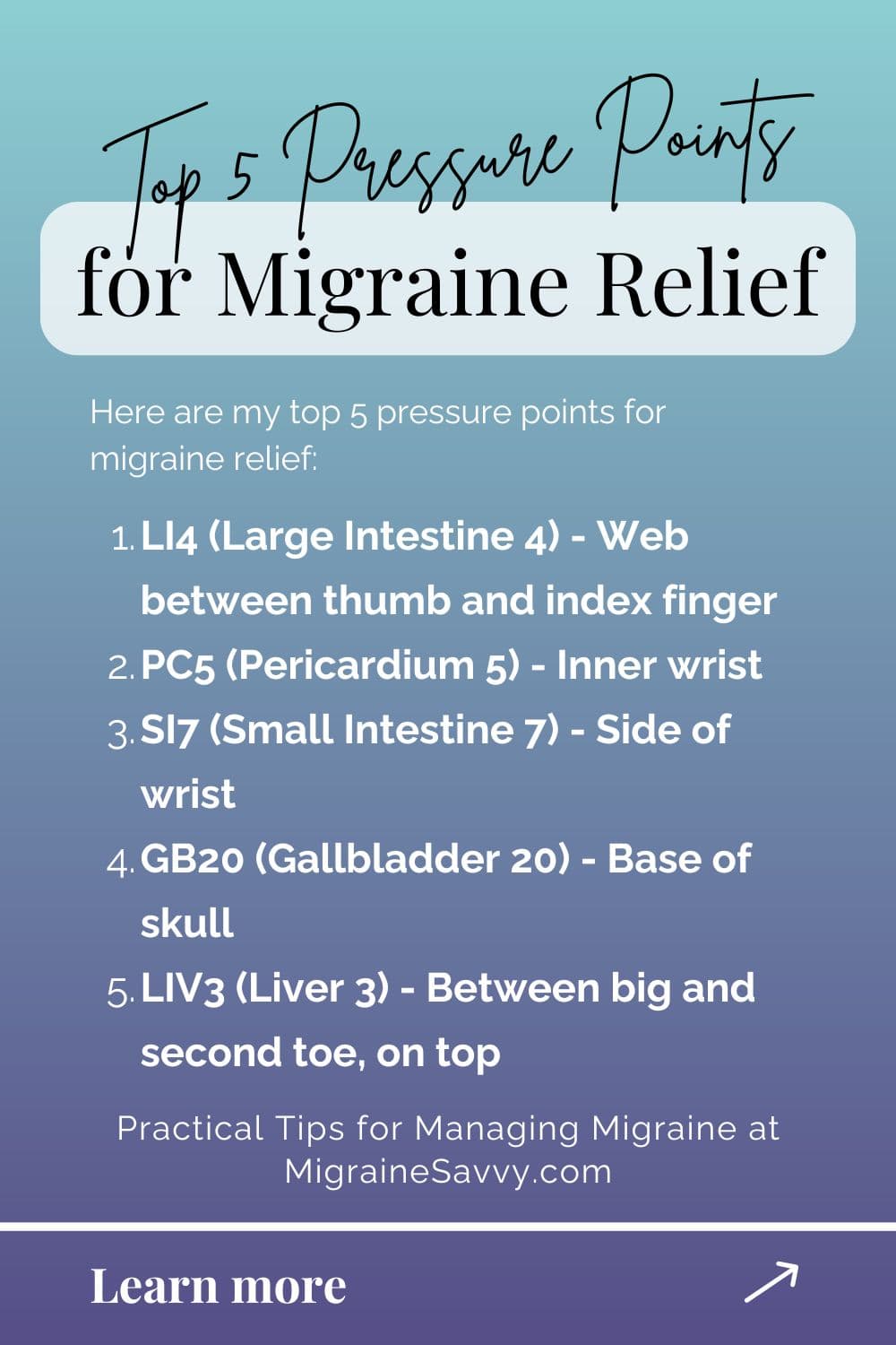 Learn the top 5 pressure points for migraine relief at MigraineSavvy.com