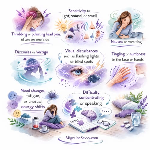 Typical migraine symptoms illustrated in a soft watercolor style including head pain, nausea, dizziness, visual disturbances and light sensitivity